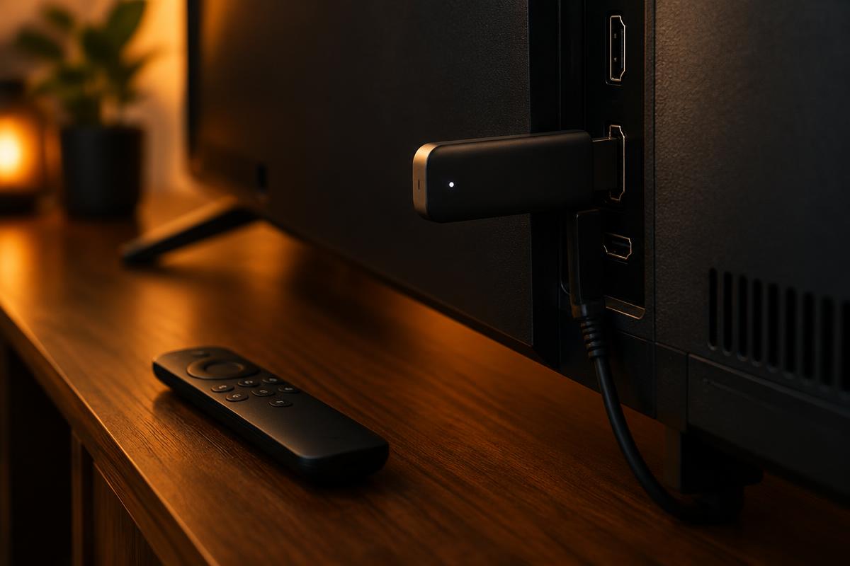 Clé de streaming branchée en HDMI à l'arrière d'un téléviseur